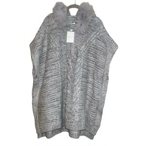 Anthropologie Maude Vivante NWT Knit Poncho With Faux Fur Trimmed Hood L/XL